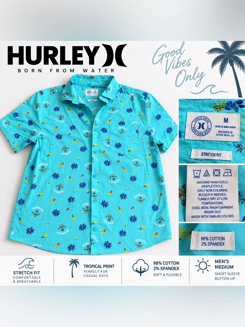 Hurley Aqua Blue Short-Sleeve Tropical Button-Down Shirt